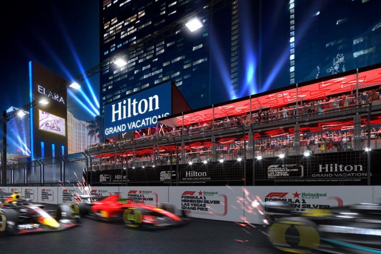 Eye level view of F1 Las Vegas Grand Prix in front of the Hilton Grand Vacations