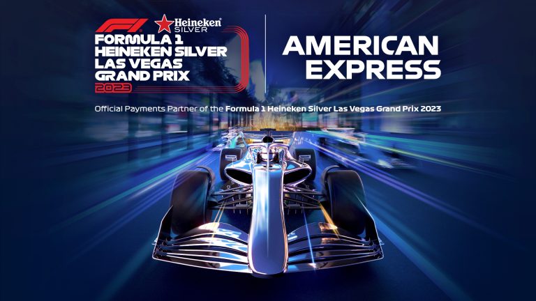 Formula 1 Heineken Silver Las Vegas Grand Prix 2023 | American Express - Official Payments Partner of the Formula 1 Heineken Silver Las Vegas Grand Prix 2023 with blue car